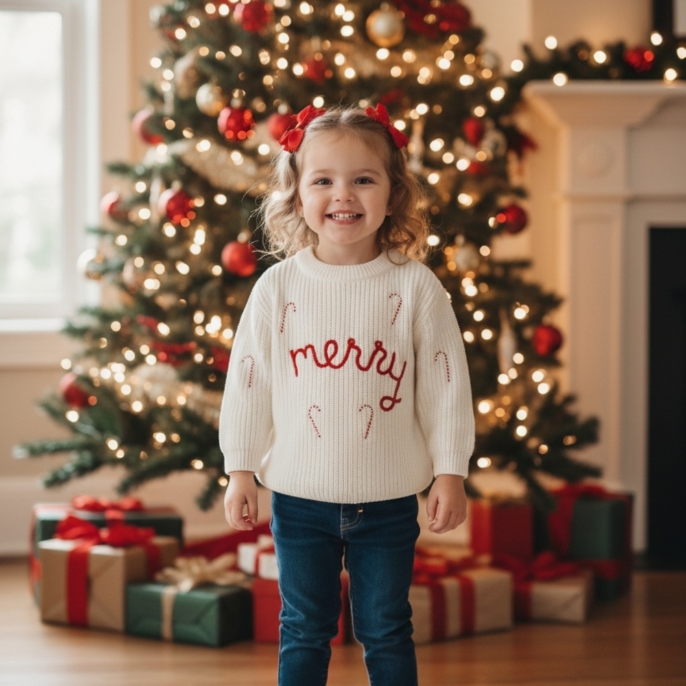 White 'Merry' Sweater with Candy Cane Design
